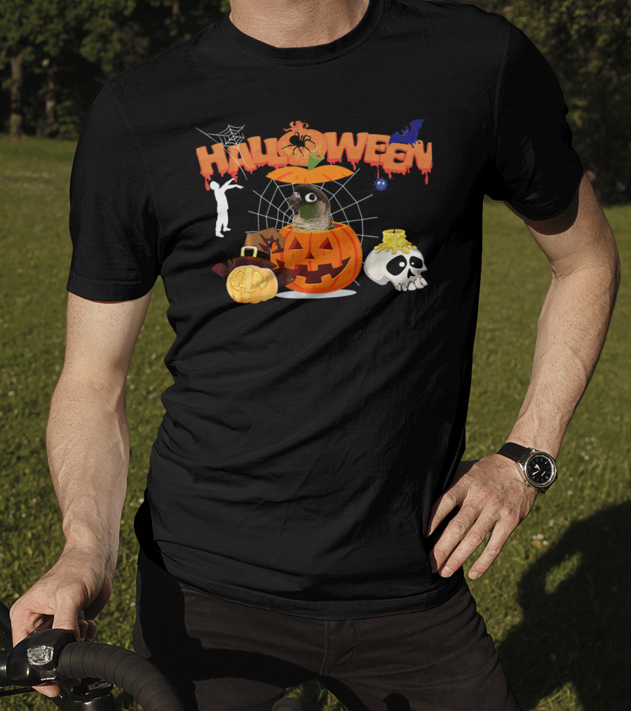 Halloween Green Cheek Conure Pumpkin Witch Zombie Skull Spiderweb T-Shirt