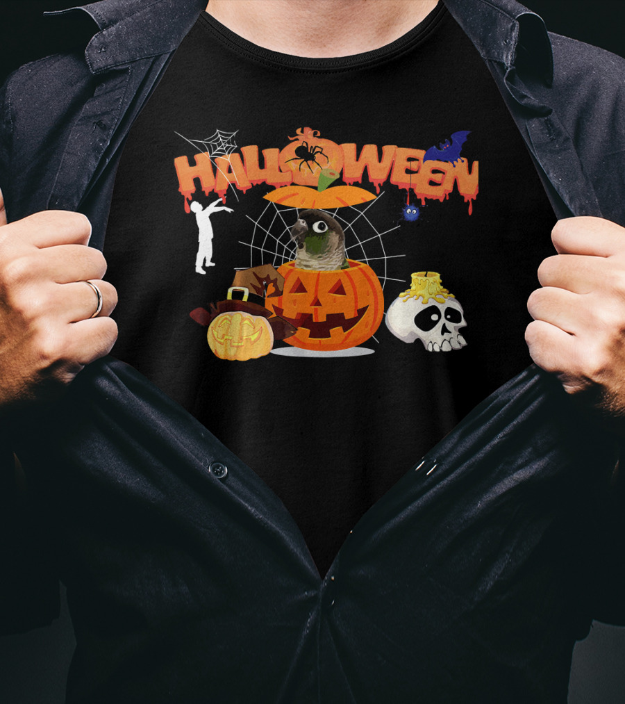 Halloween Green Cheek Conure Pumpkin Witch Zombie Skull Spiderweb T-Shirt
