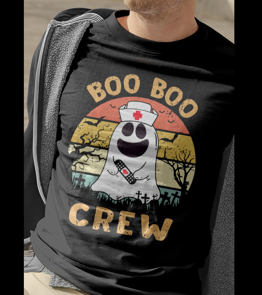 Vintage Halloween Boo Boo Crew Ghost Nurse With Bandage T-Shirt