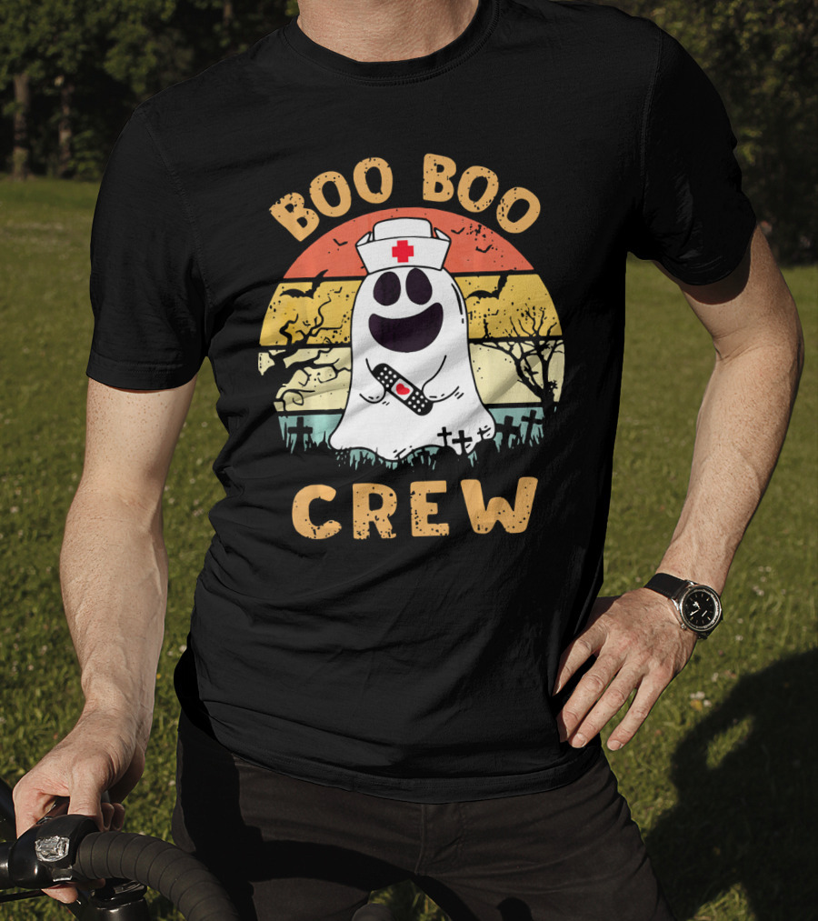 Vintage Halloween Boo Boo Crew Ghost Nurse With Bandage T-Shirt