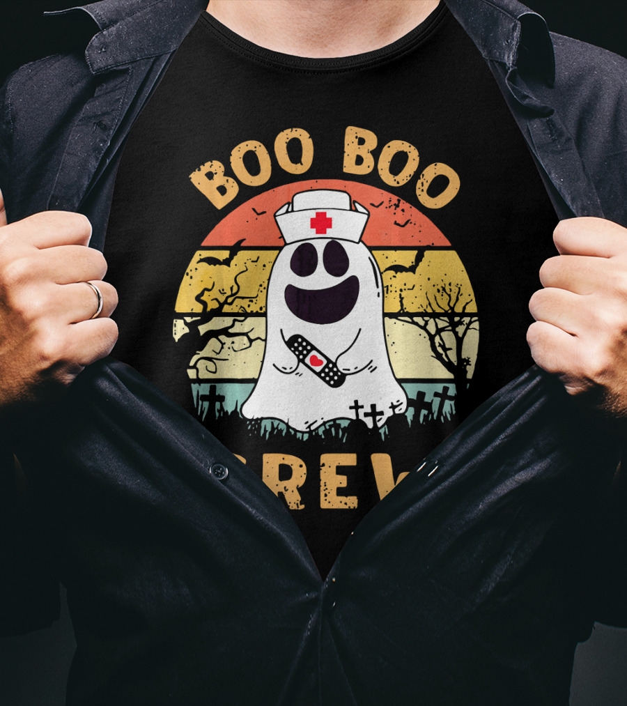 Vintage Halloween Boo Boo Crew Ghost Nurse With Bandage T-Shirt