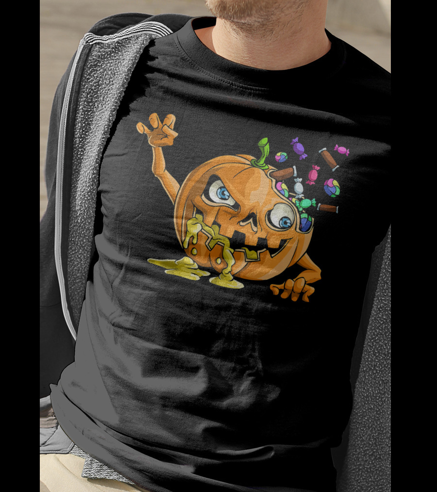 Zombie Pumpkin Funny Halloween Horror Scary Candy Explosion T-Shirt