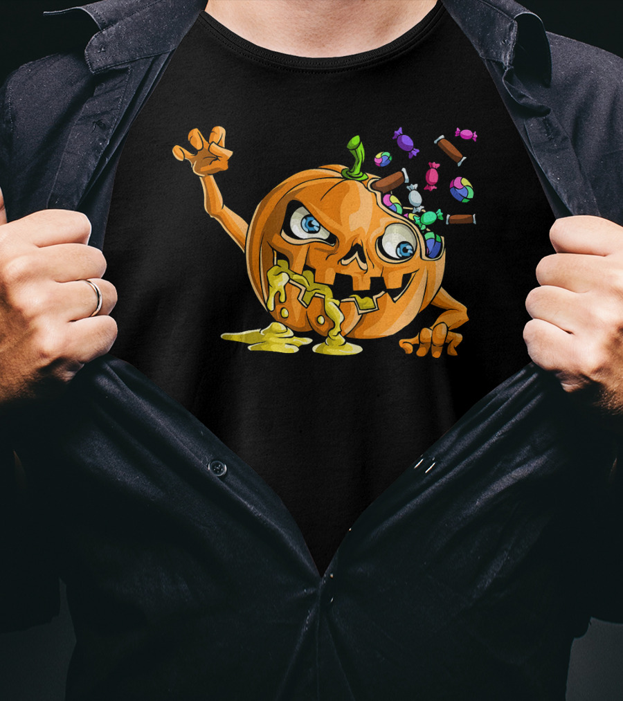 Zombie Pumpkin Funny Halloween Horror Scary Candy Explosion T-Shirt