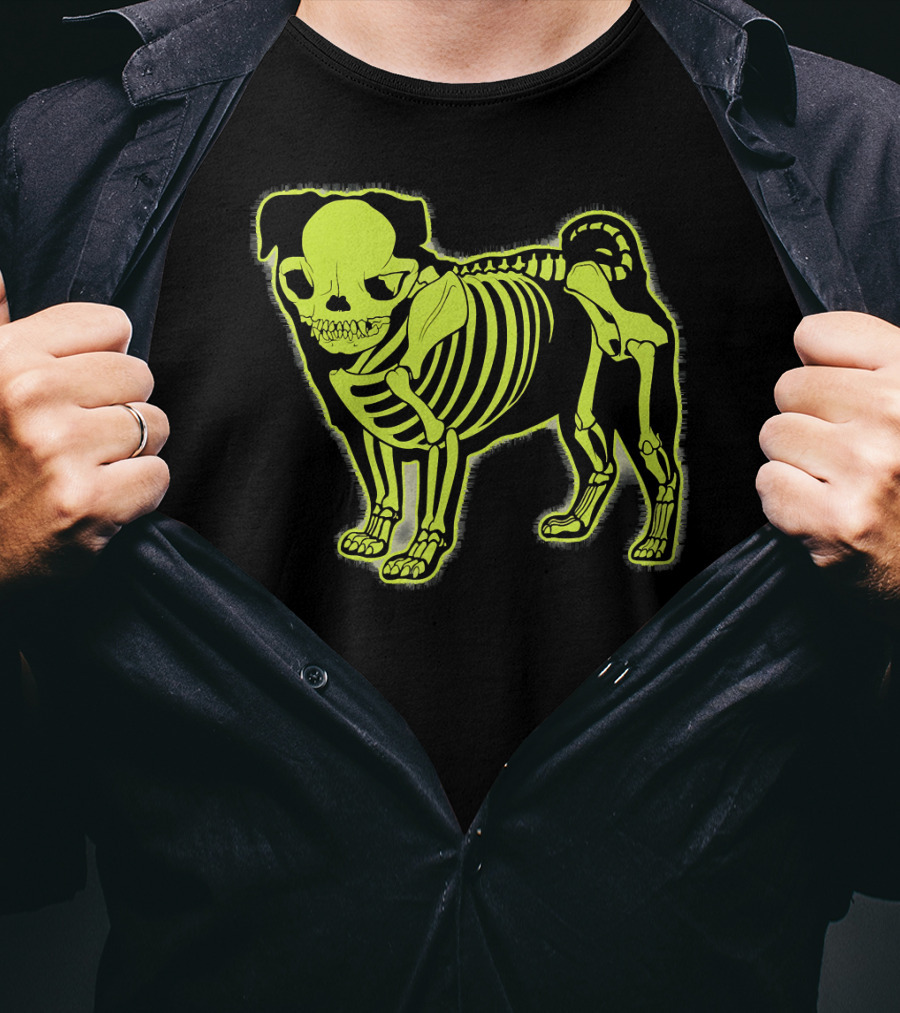 Pug Skeleton Neon Glow Canine Bones T-Shirt