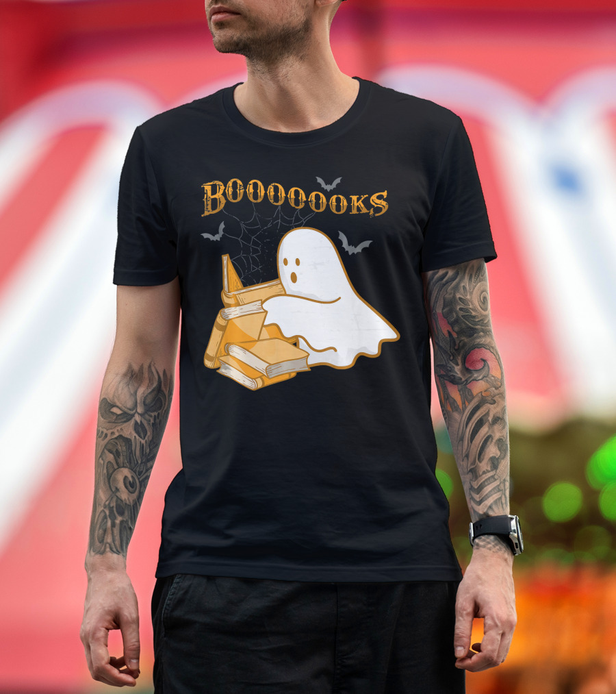 Booooooks Ghost Reading Bat Halloween Teacher T-Shirt