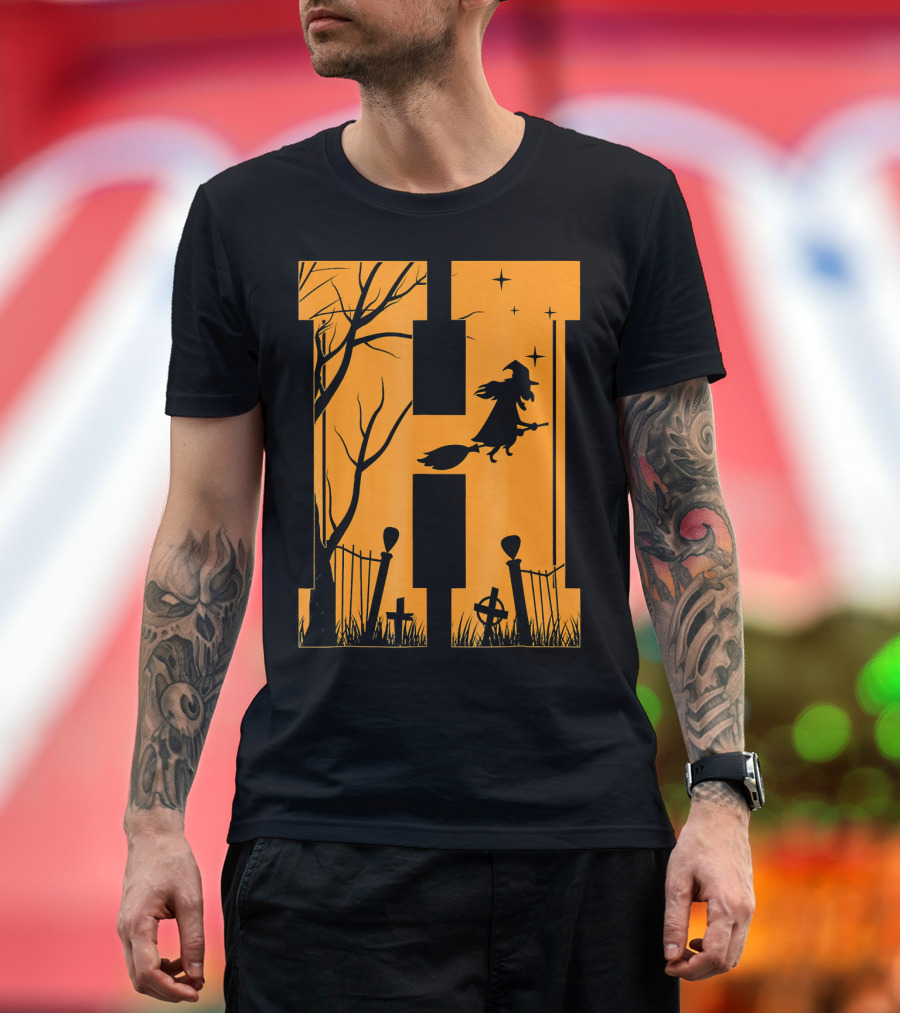 Letter H Halloween Witch Graveyard Scene T-Shirt