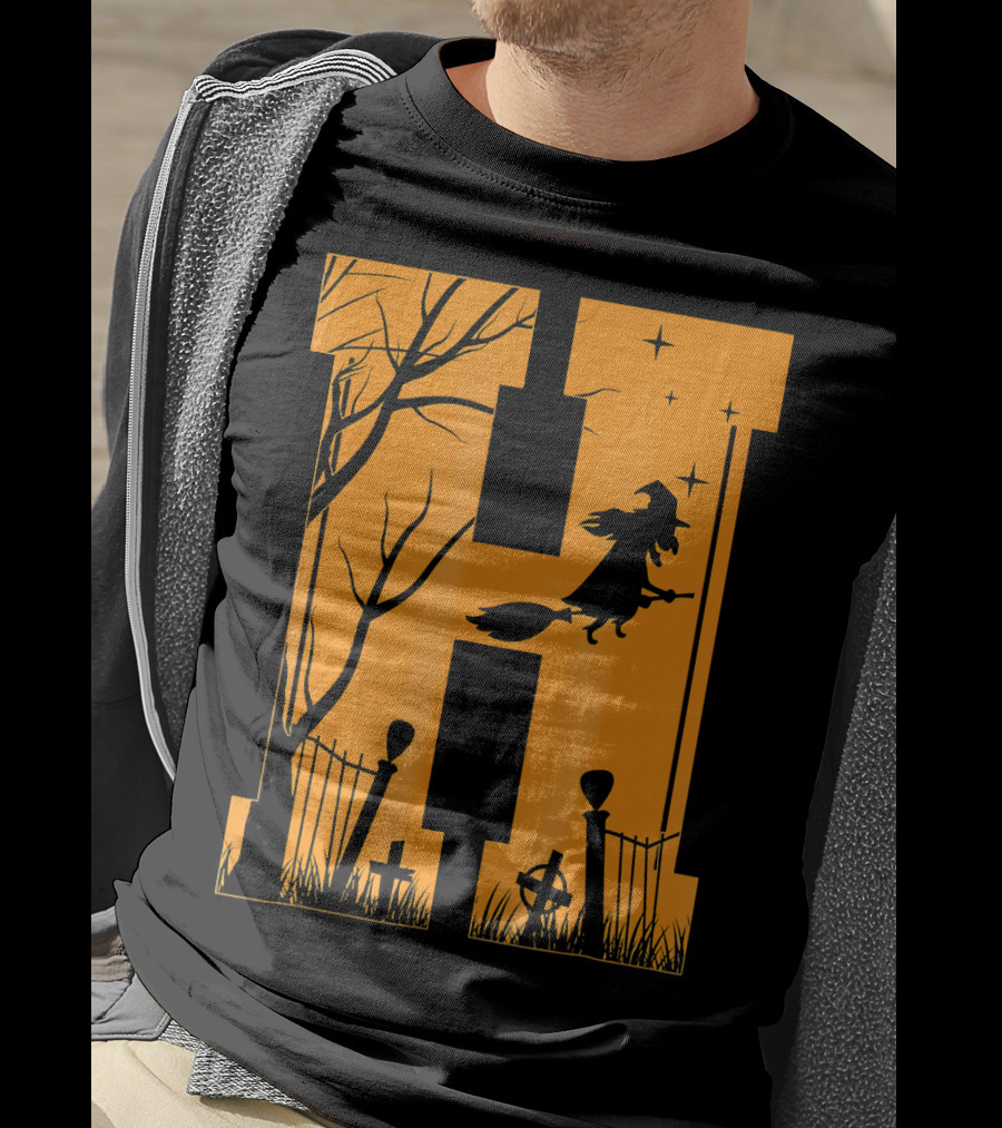 Letter H Halloween Witch Graveyard Scene T-Shirt