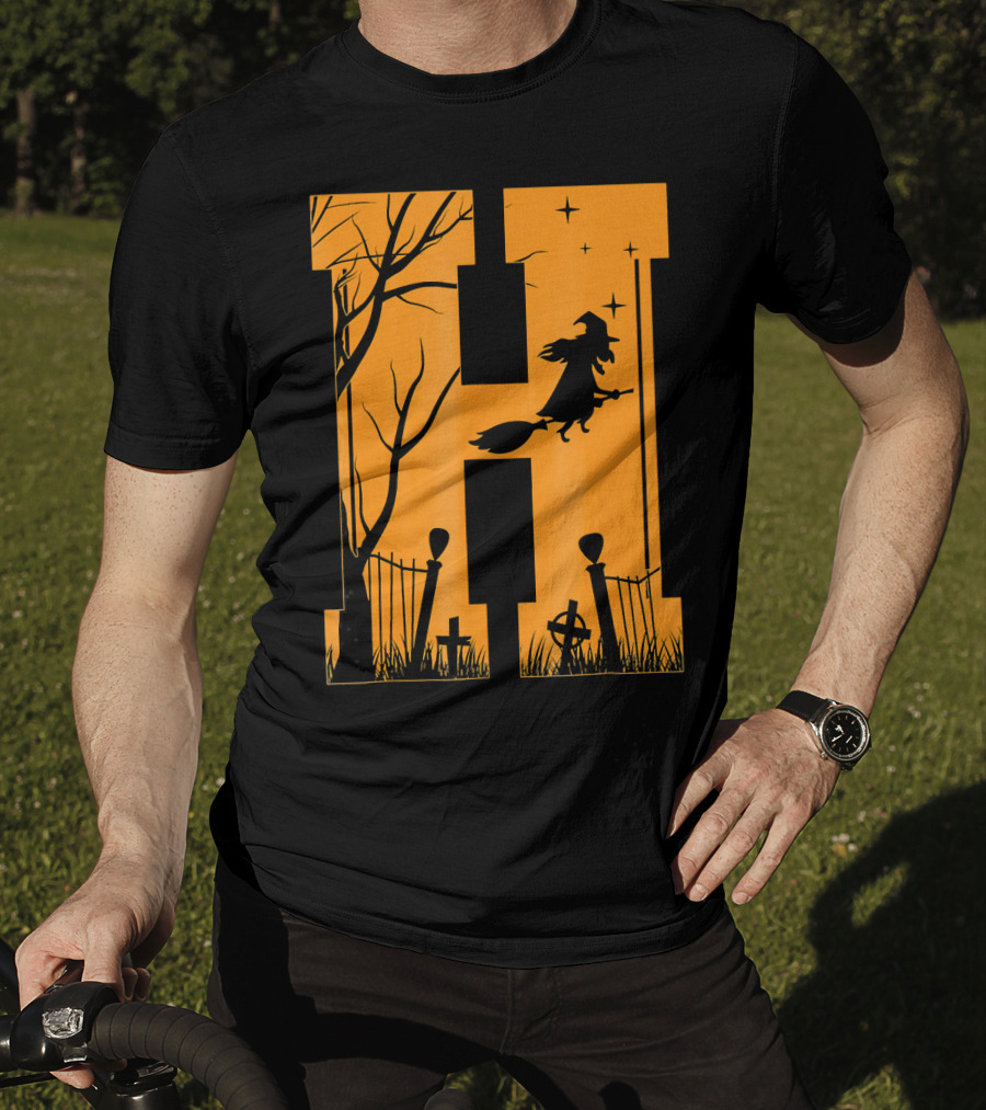 Letter H Halloween Witch Graveyard Scene T-Shirt