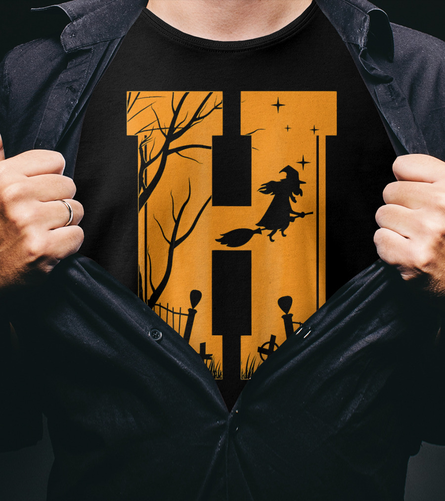 Letter H Halloween Witch Graveyard Scene T-Shirt