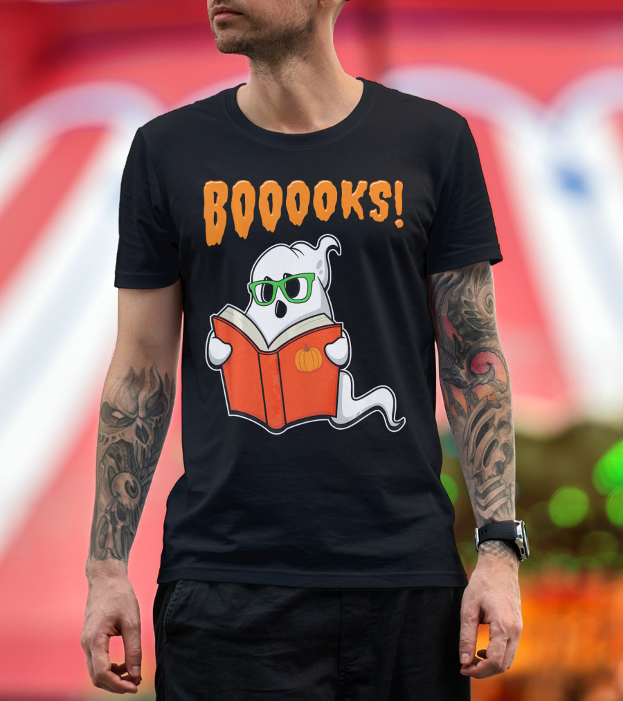Booooks Ghost With Green Glasses And Pumpkin Book Funny Teacher Halloween T-Shirt
