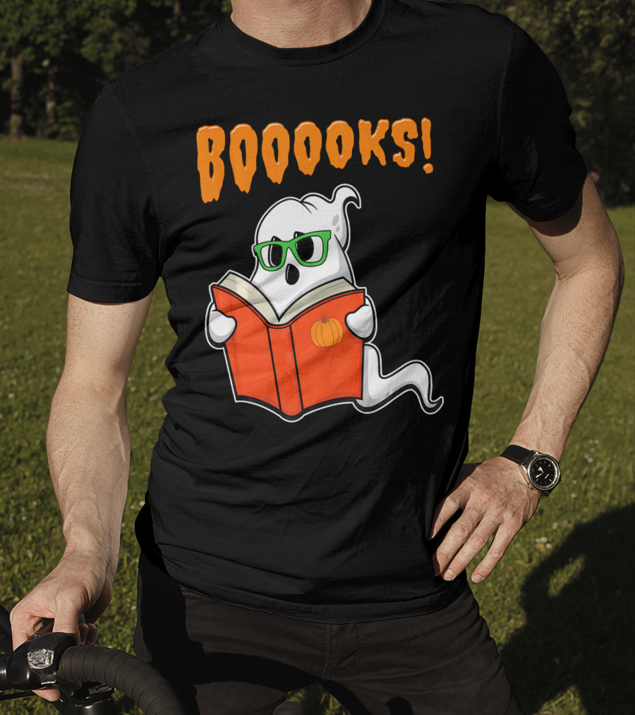 Booooks Ghost With Green Glasses And Pumpkin Book Funny Teacher Halloween T-Shirt