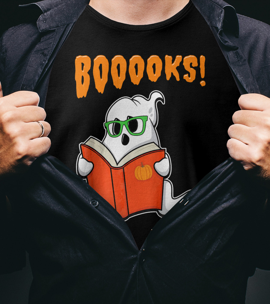 Booooks Ghost With Green Glasses And Pumpkin Book Funny Teacher Halloween T-Shirt