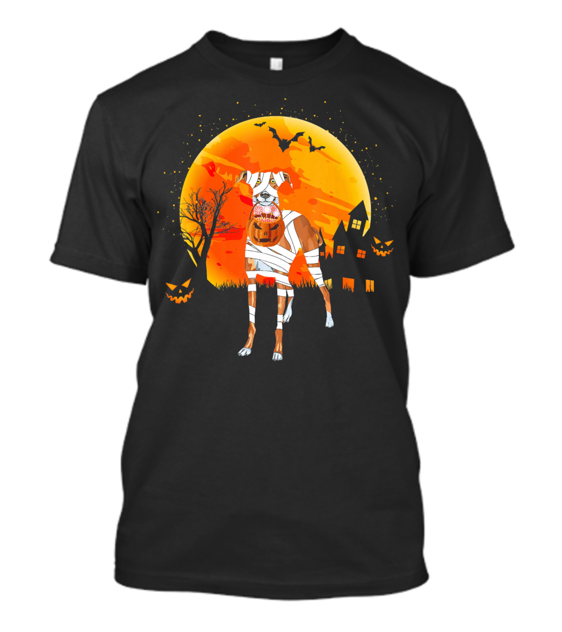 Greyhound Boo Halloween Dog Mummy With Pumpkin Against Full Moon And Haunted House T-Shirt