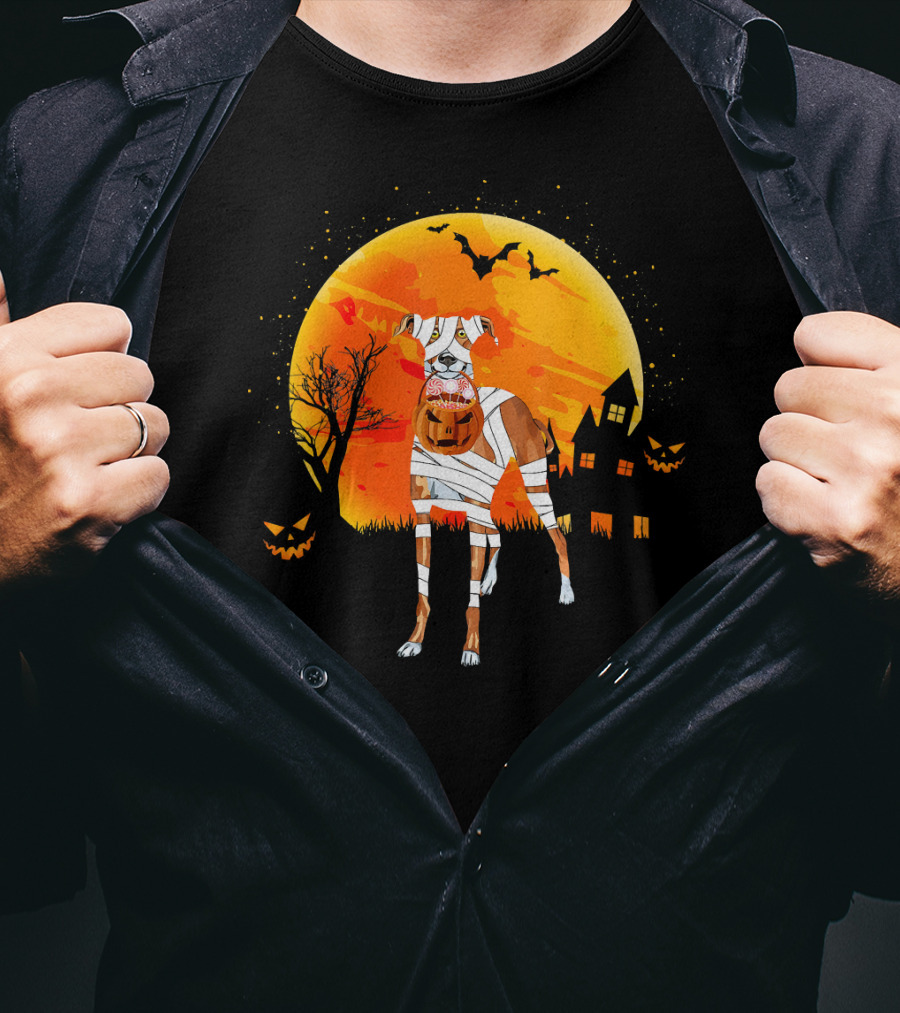 Greyhound Boo Halloween Dog Mummy With Pumpkin Against Full Moon And Haunted House T-Shirt
