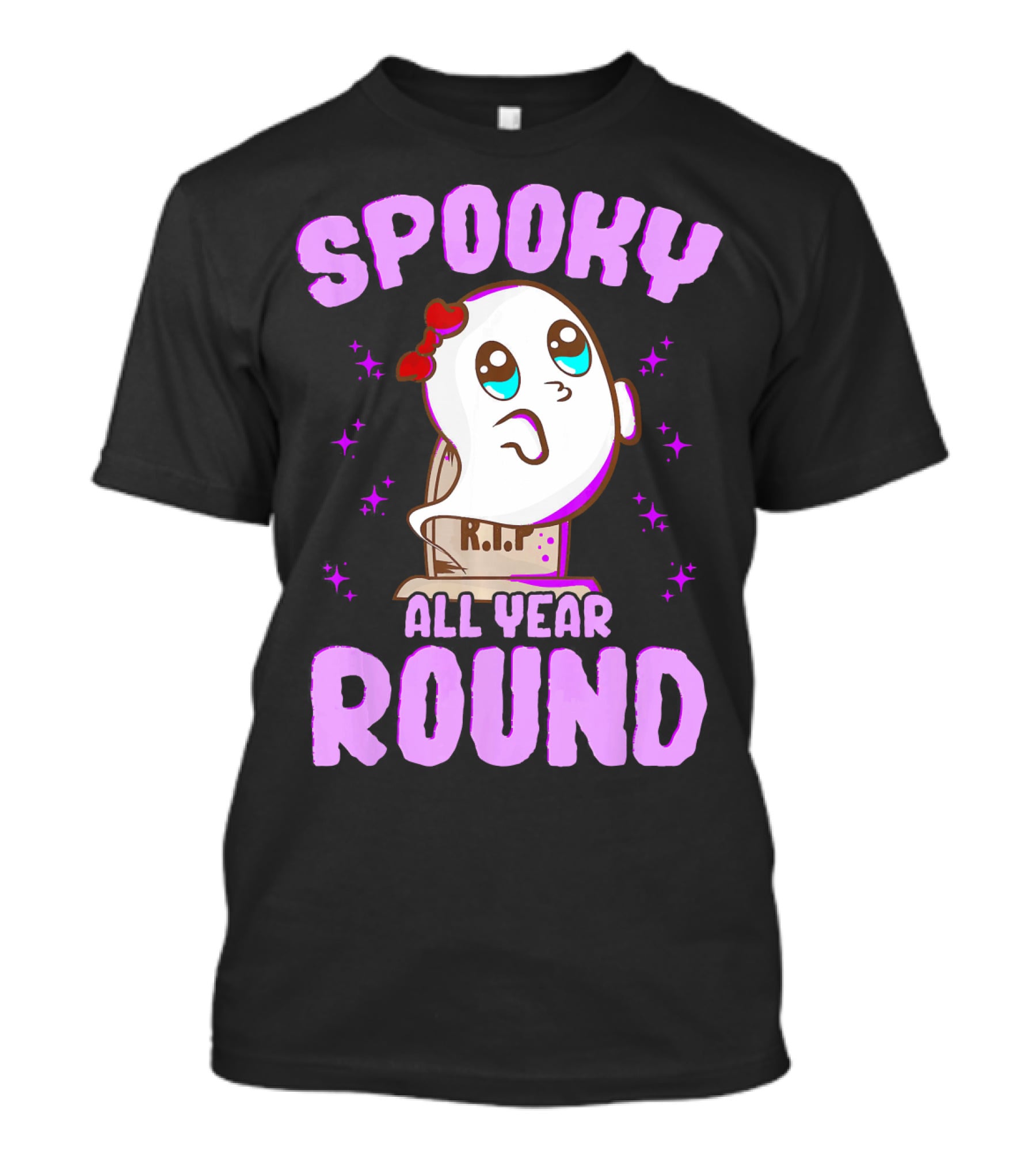 Spooky All Year Round Kawaii Ghost With Glittering Stars And Gravestone T-Shirt