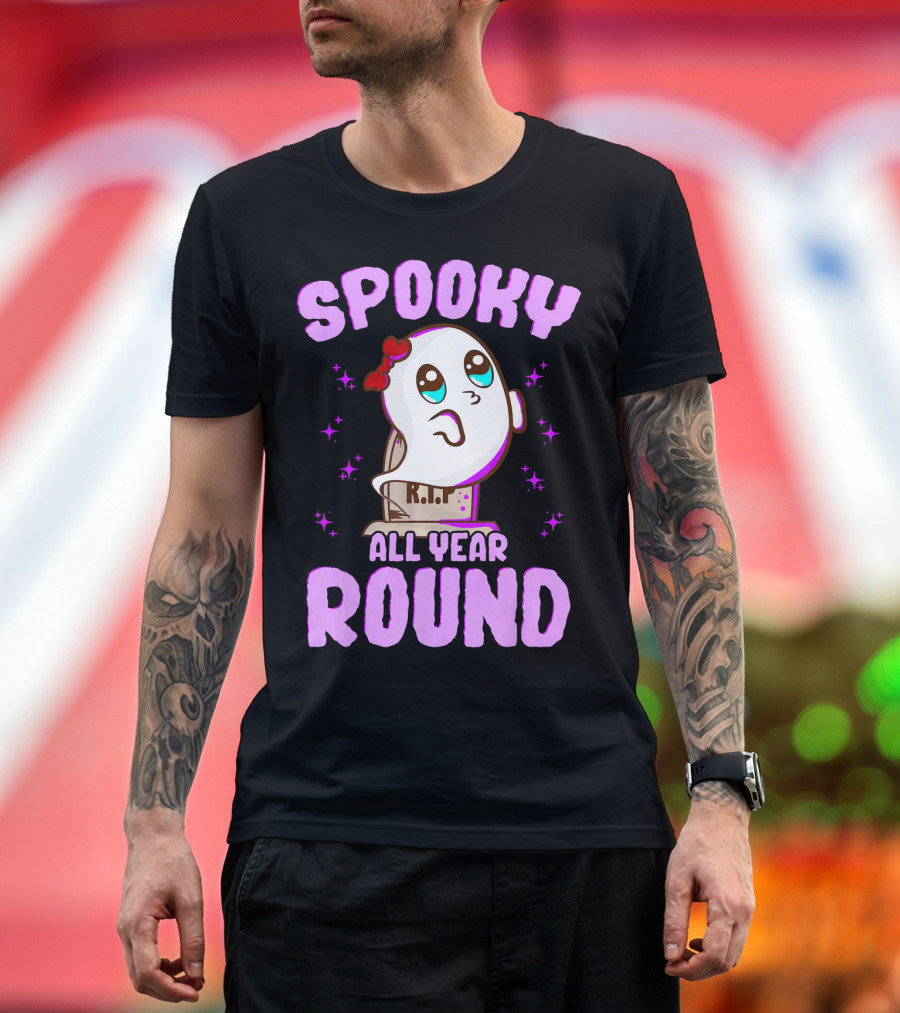 Spooky All Year Round Kawaii Ghost with Glittering Stars and Gravestone T-Shirt
