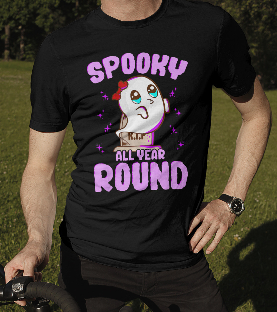 Spooky All Year Round Kawaii Ghost With Glittering Stars And Gravestone T-Shirt