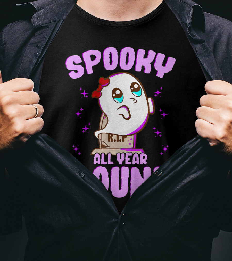 Spooky All Year Round Kawaii Ghost With Glittering Stars And Gravestone T-Shirt