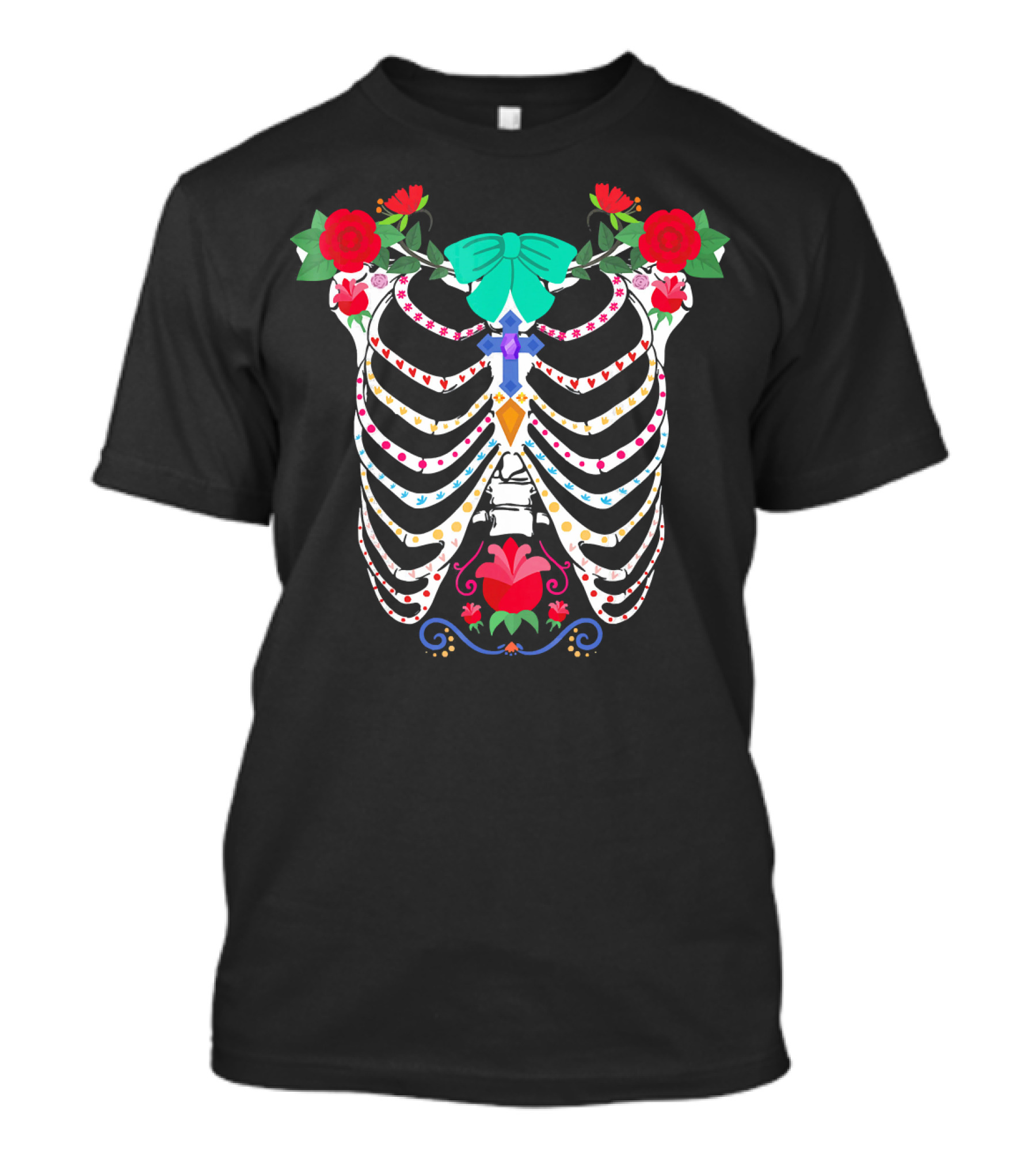 Skeleton Sugar Skull Floral Rib Cage With Bow And Roses T-Shirt