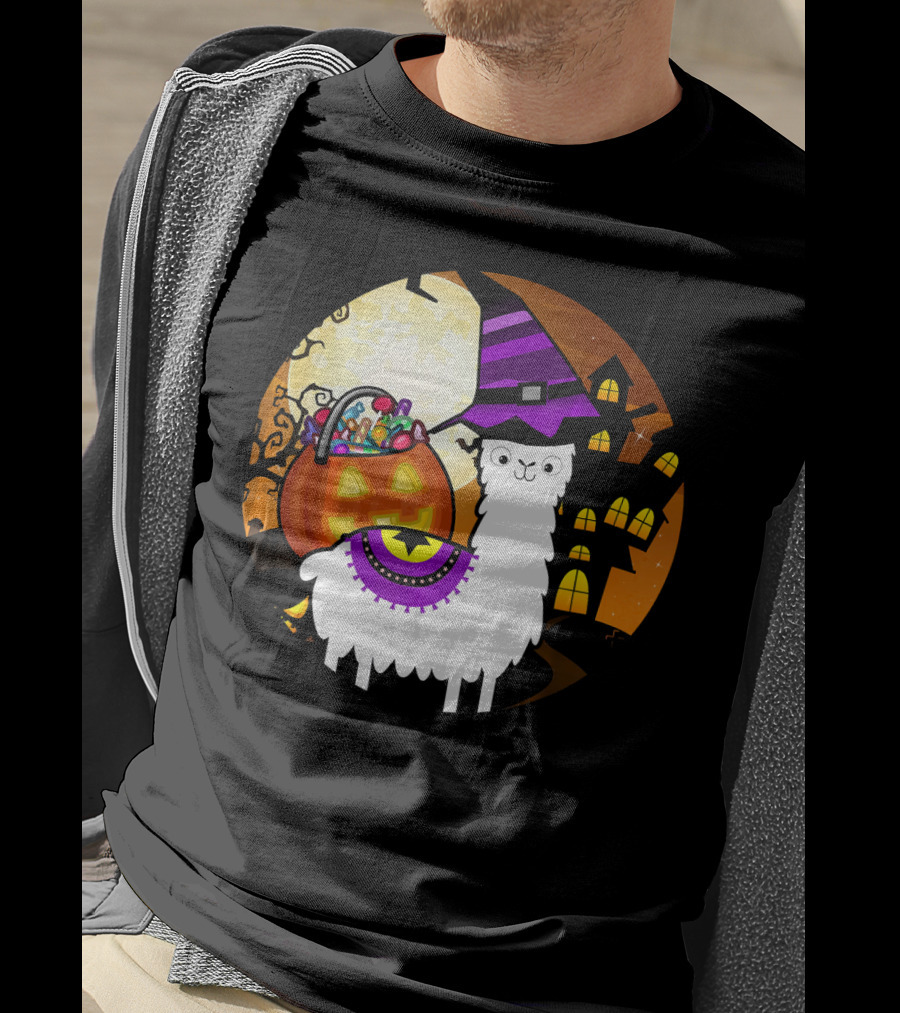 Halloween Llama Funny Alpaca With Witch Hat And Pumpkin House T-Shirt