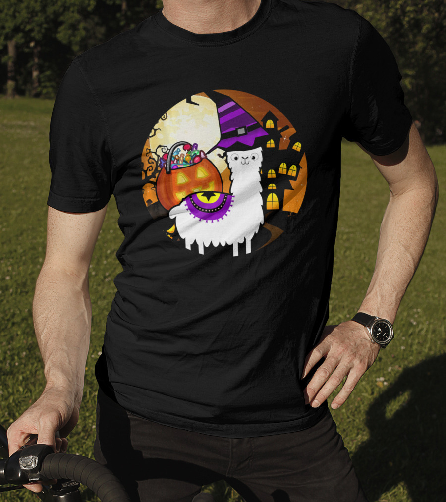 Halloween Llama Funny Alpaca With Witch Hat And Pumpkin House T-Shirt