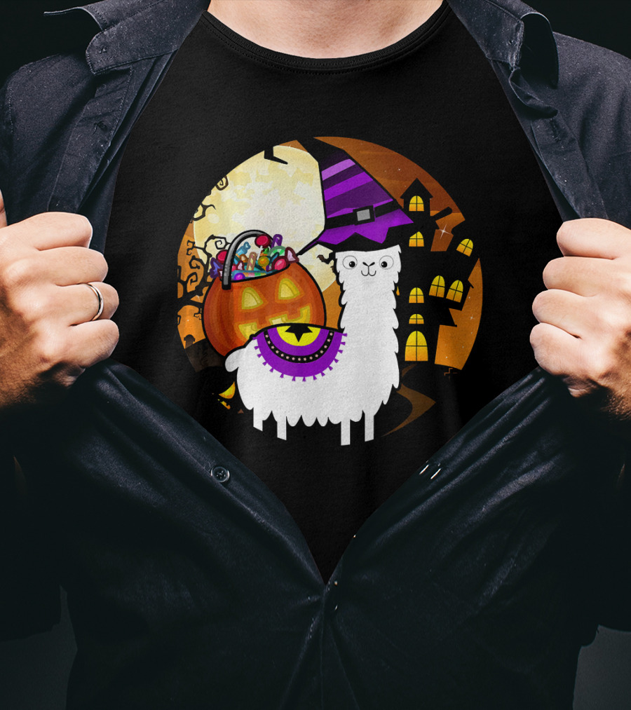 Halloween Llama Funny Alpaca With Witch Hat And Pumpkin House T-Shirt