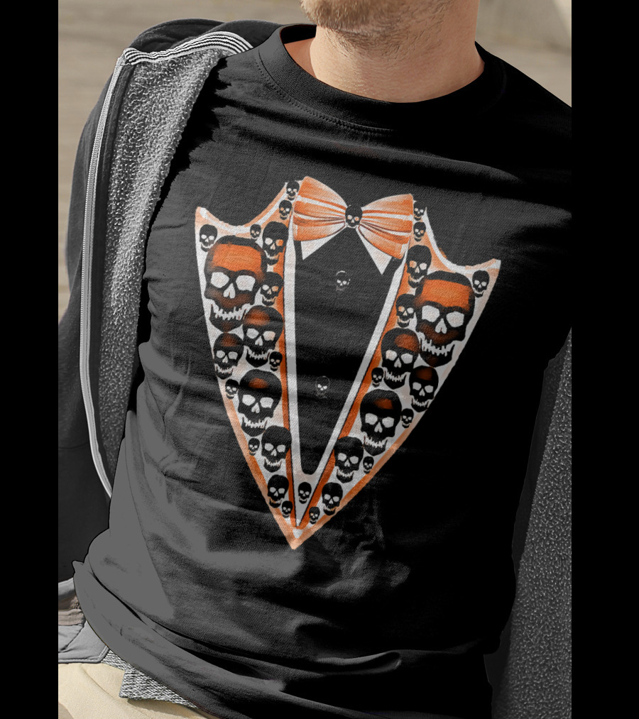 Tuxedo Skull Bowtie Pattern Orange And Black T-Shirt