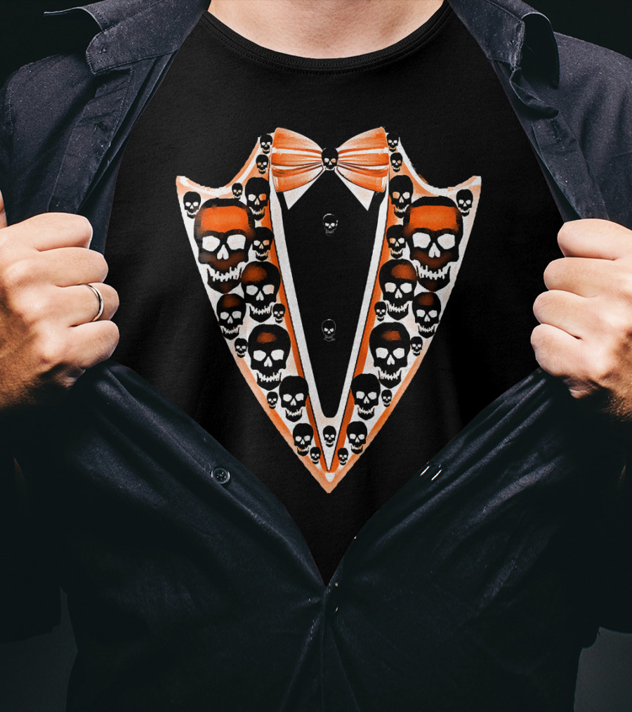 Tuxedo Skull Bowtie Pattern Orange And Black T-Shirt