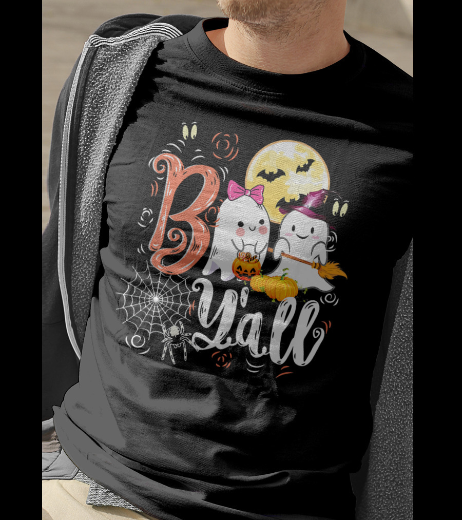 Boo Y’all Funny Ghosts With Pumpkin And Halloween Moon T-Shirt