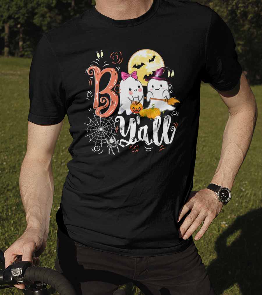 Boo Y’all Funny Ghosts With Pumpkin And Halloween Moon T-Shirt