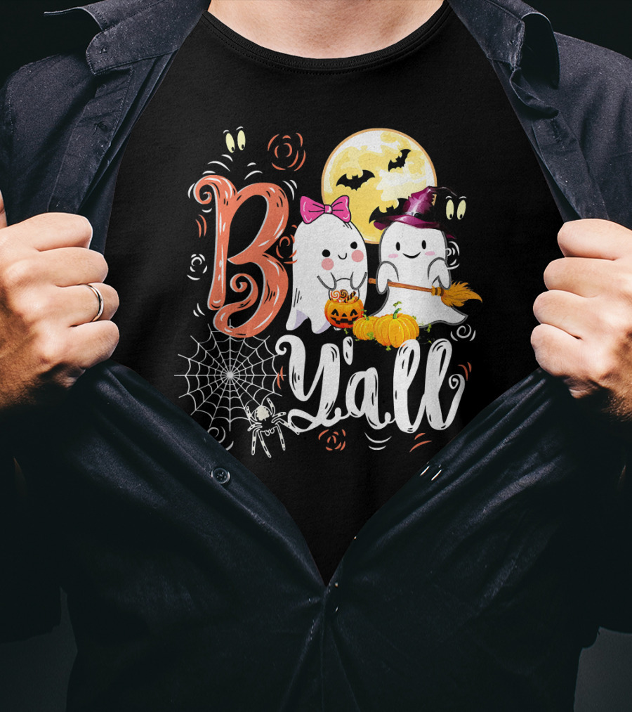 Boo Y’all Funny Ghosts With Pumpkin And Halloween Moon T-Shirt