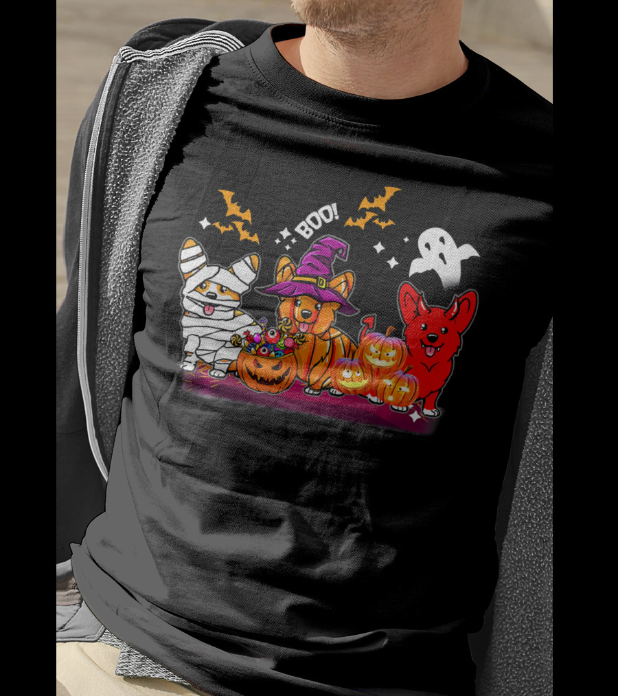 Halloween Three Corgis Witch Mummy Pumpkins Boo Ghost T-Shirt