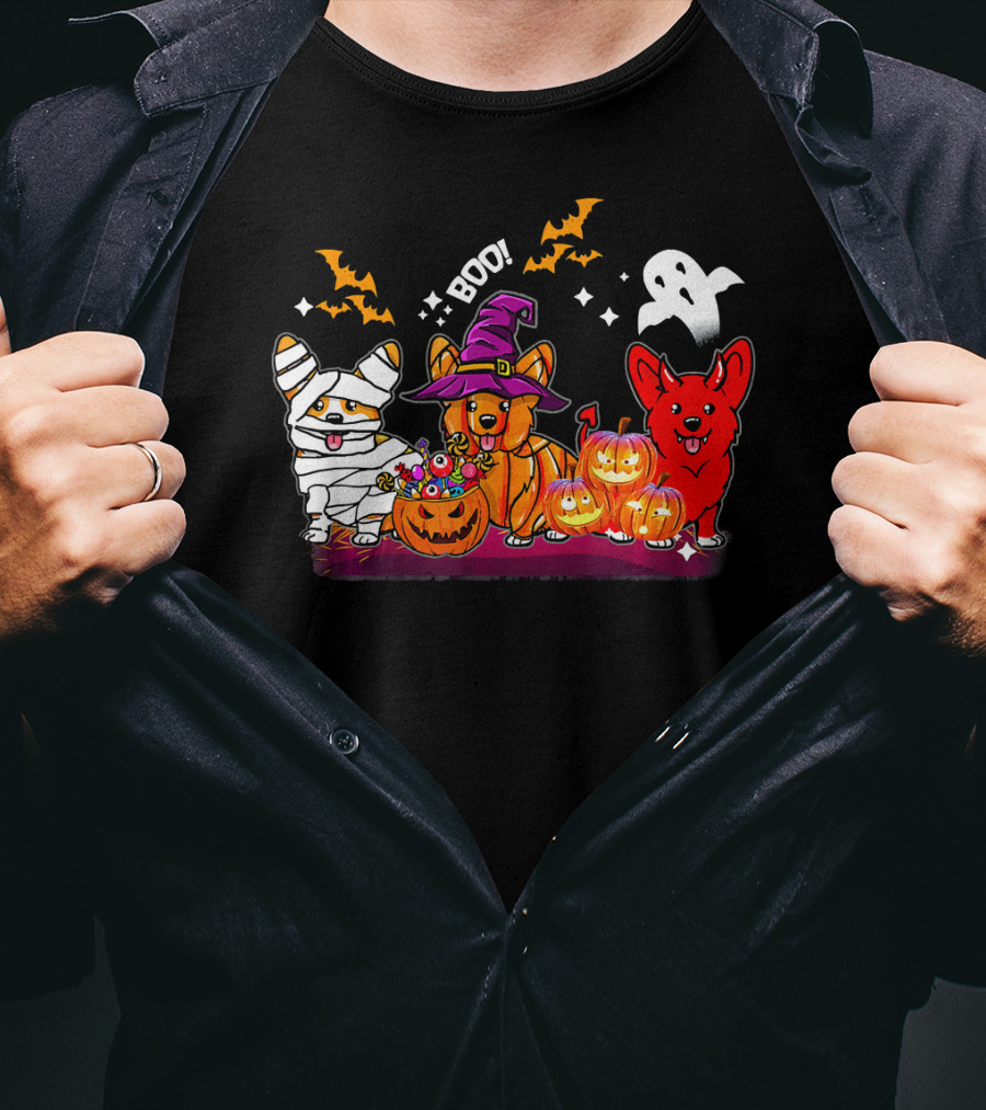 Halloween Three Corgis Witch Mummy Pumpkins Boo Ghost T-Shirt
