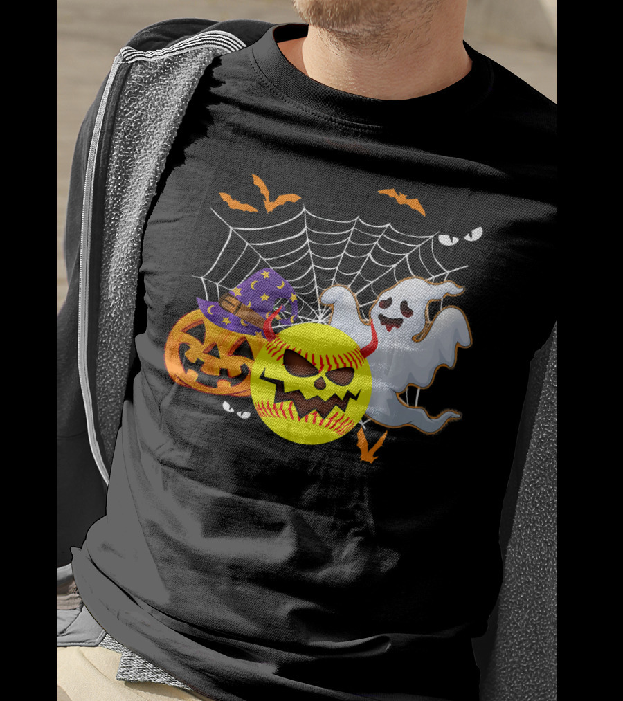 Halloween Softball Pumpkin Ghost Cobwebs And Bats Fun T-Shirt