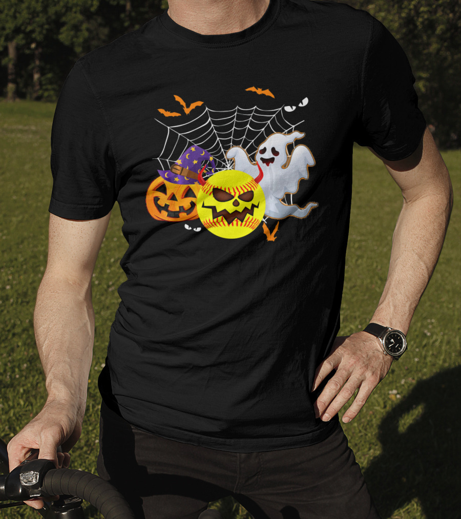 Halloween Softball Pumpkin Ghost Cobwebs And Bats Fun T-Shirt