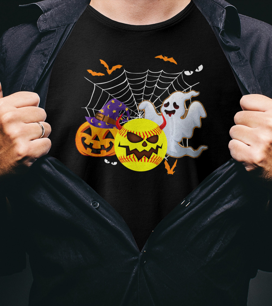 Halloween Softball Pumpkin Ghost Cobwebs And Bats Fun T-Shirt