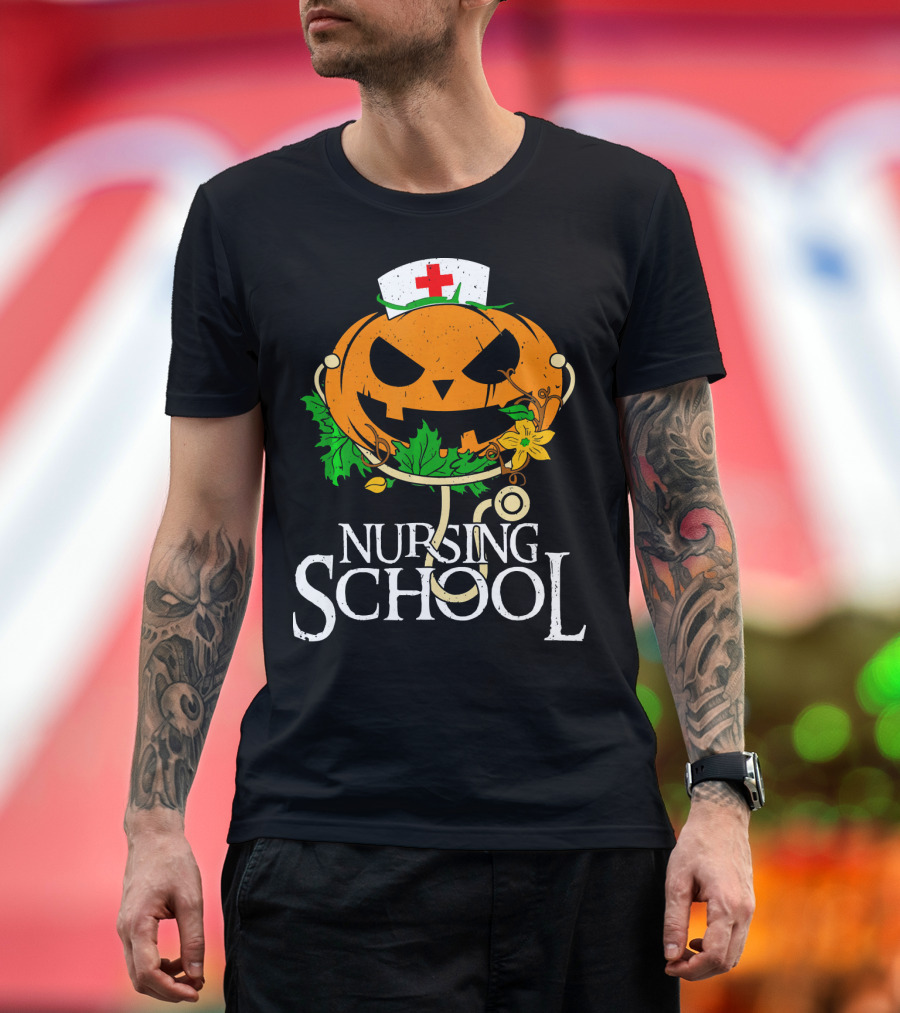 Nursing School Pumpkin With Stethoscope And Nurse Hat Jack-o'-Lantern T-Shirt