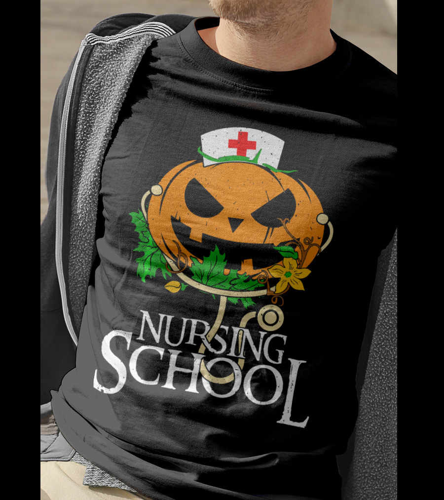 Nursing School Pumpkin With Stethoscope And Nurse Hat Jack-o'-Lantern T-Shirt
