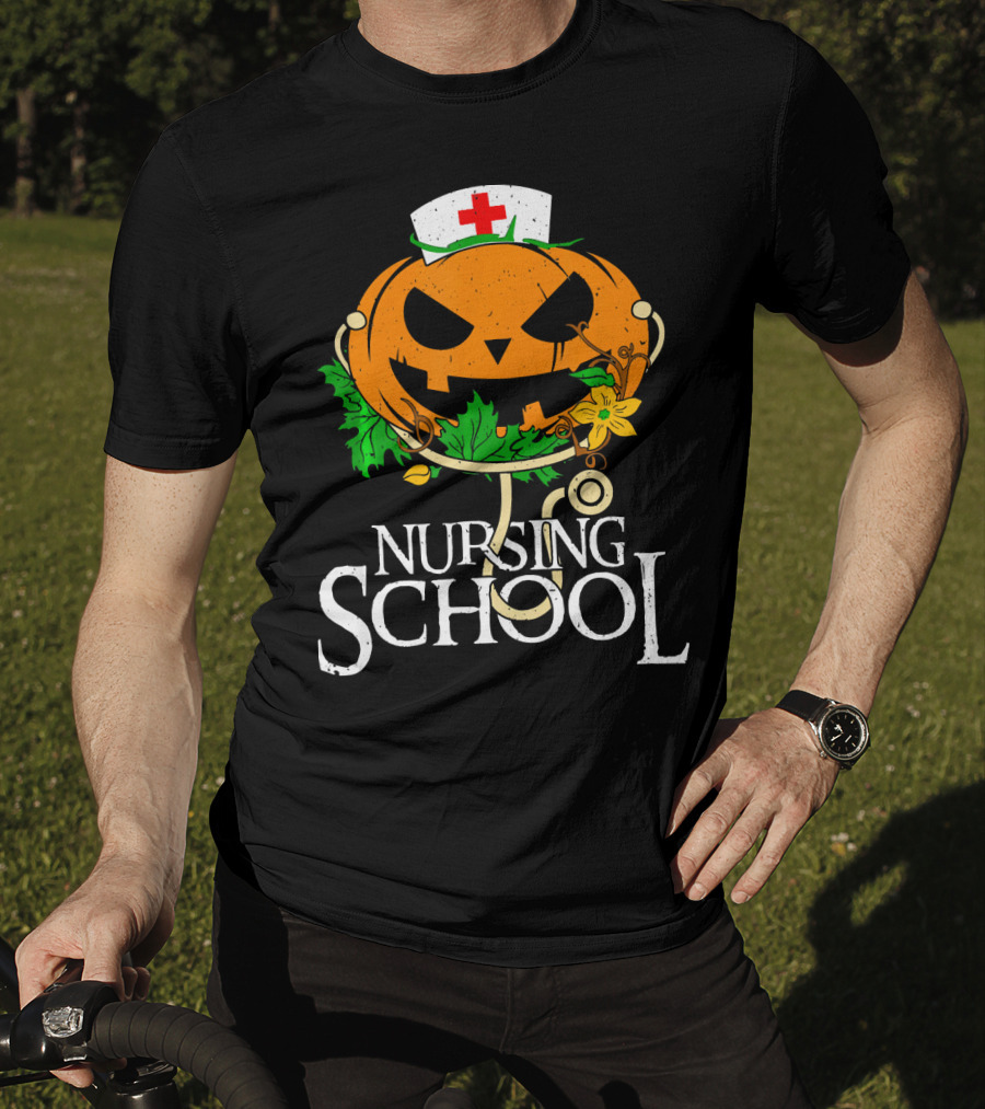 Nursing School Pumpkin With Stethoscope And Nurse Hat Jack-o'-Lantern T-Shirt