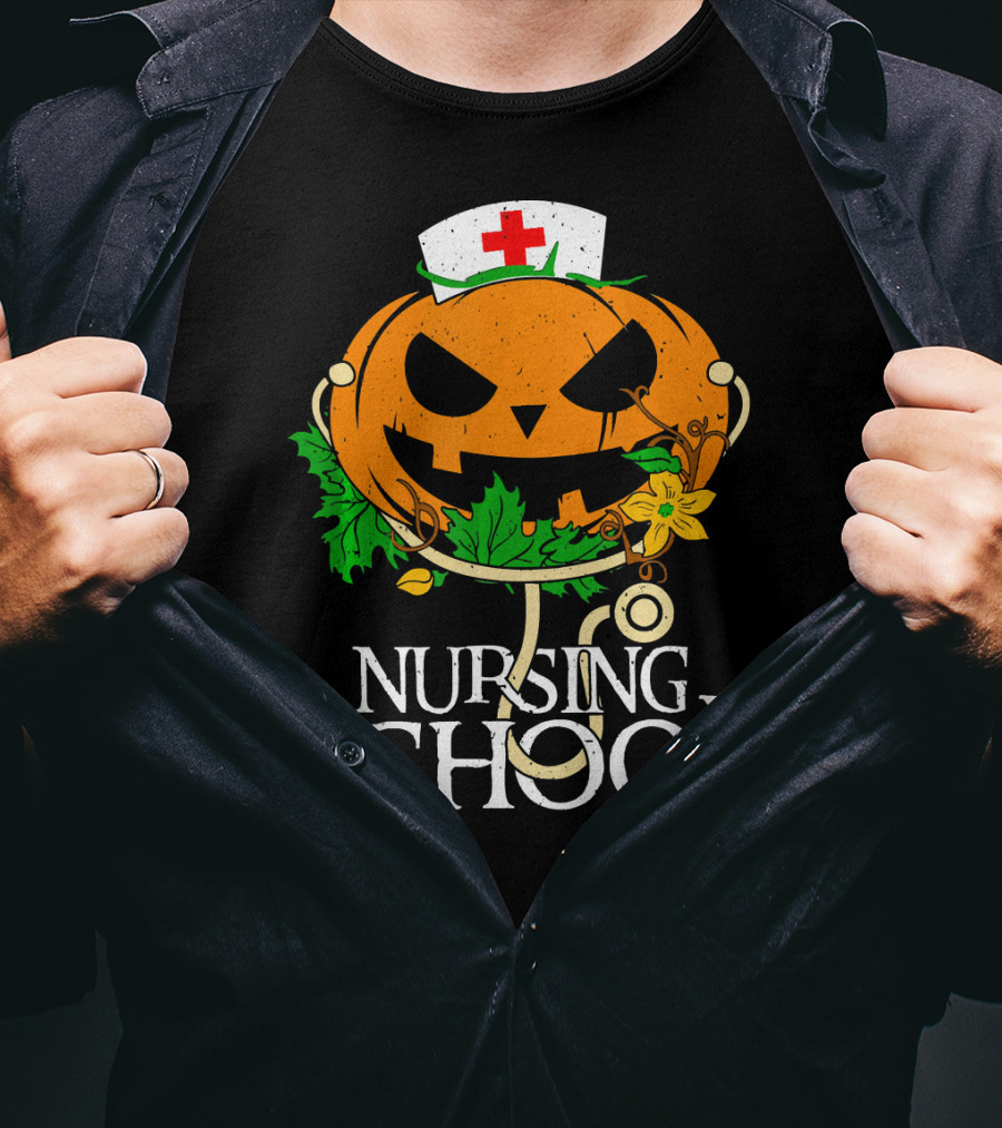 Nursing School Pumpkin With Stethoscope And Nurse Hat Jack-o'-Lantern T-Shirt