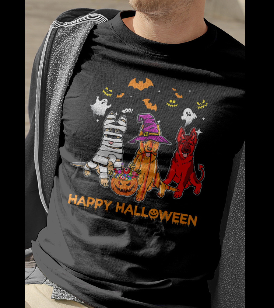 Happy Halloween Mummy Witch Devil Dogs With Ghosts And Bats T-Shirt