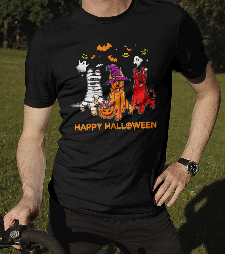 Happy Halloween Mummy Witch Devil Dogs With Ghosts And Bats T-Shirt