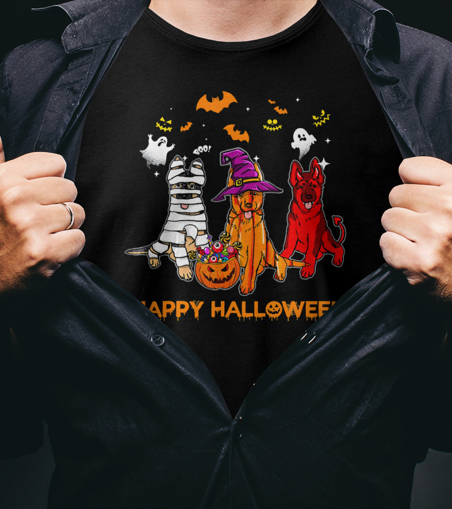 Happy Halloween Mummy Witch Devil Dogs With Ghosts And Bats T-Shirt
