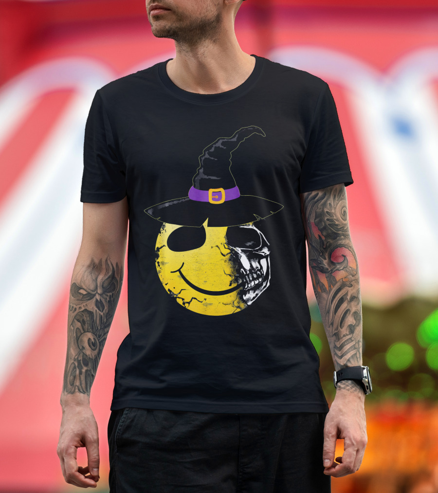 Halloween Witch Hat Smiley Half Skull Face T-Shirt