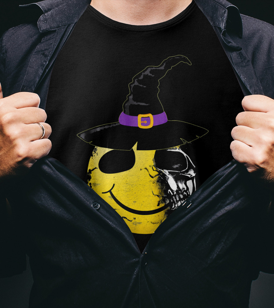 Halloween Witch Hat Smiley Half Skull Face T-Shirt