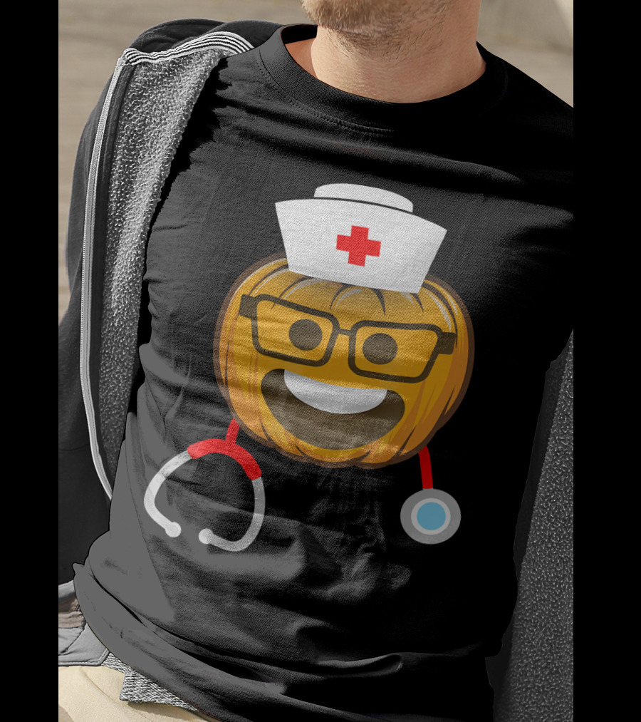 Nurse Halloween Pumpkin Emoji With Nerd Glasses And Stethoscope T-Shirt