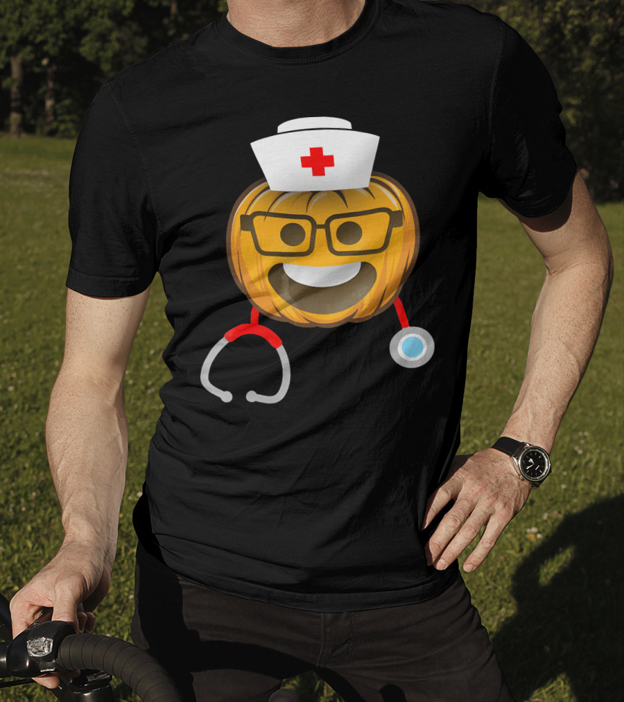 Nurse Halloween Pumpkin Emoji With Nerd Glasses And Stethoscope T-Shirt