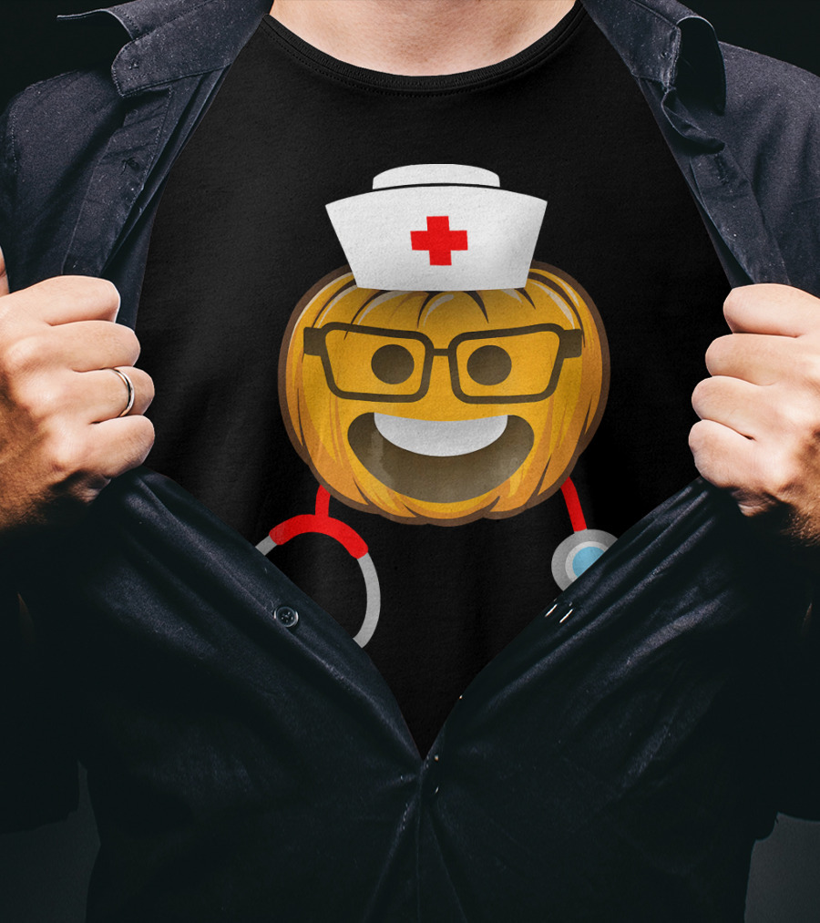Nurse Halloween Pumpkin Emoji With Nerd Glasses And Stethoscope T-Shirt