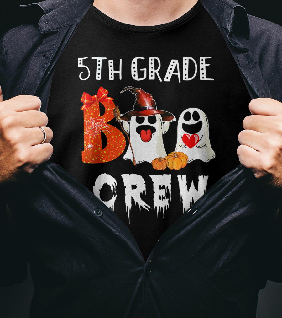 5Th Grade Boo Crew Halloween Ghosts With Witch Hat And Pumpkins T-Shirt