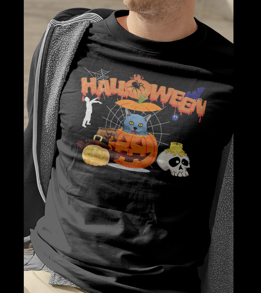 Halloween Russian Blue Cat Pumpkin Witch Zombie Skull Spider Bat T-Shirt